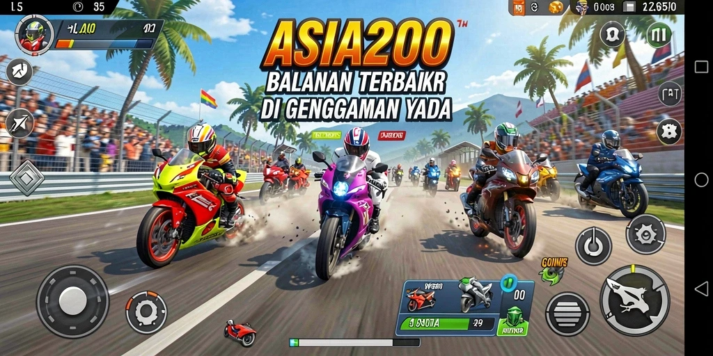 Tangkapan layar gameplay ASIA200 menampilkan aksi balapan motor yang mendebarkan.