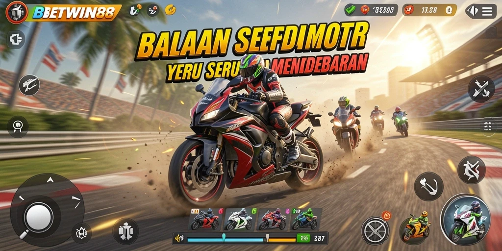 Tampilan gameplay seru dari BETWIN88 dengan balapan sepeda motor yang mendebarkan.