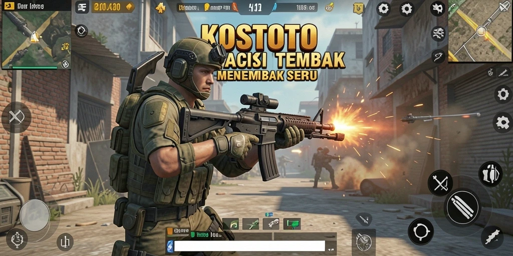 Tampilan gameplay seru dalam KOSTOTO yang menunjukkan aksi tembak-menembak.