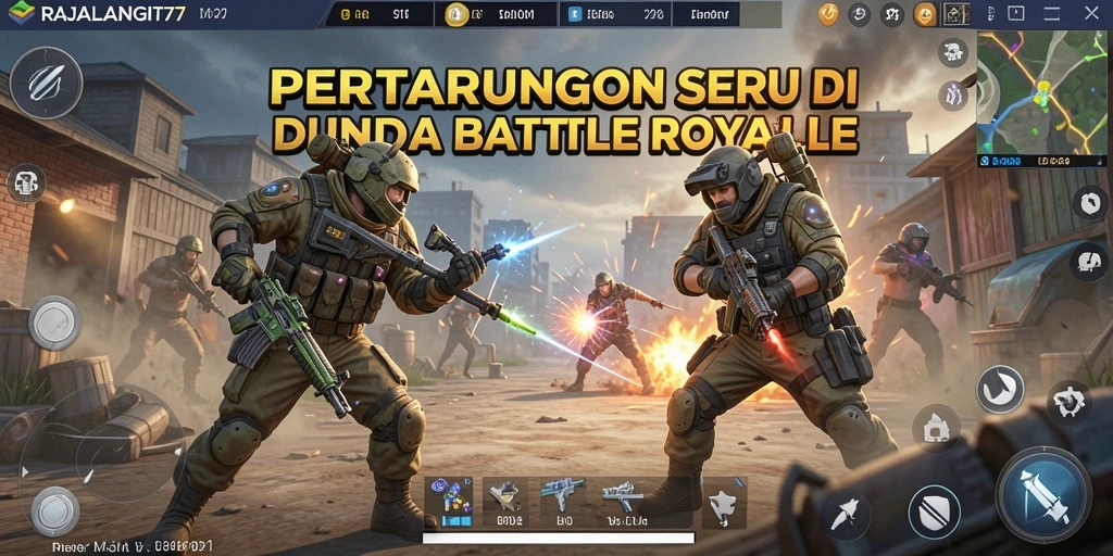 Tampilan gameplay seru dari RAJALANGIT77 menunjukkan pertarungan epik di peta yang luas.