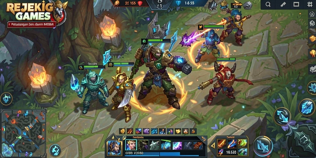 Screenshot gameplay seru dalam REJEKIGAMES yang menunjukkan aksi seru di arena.