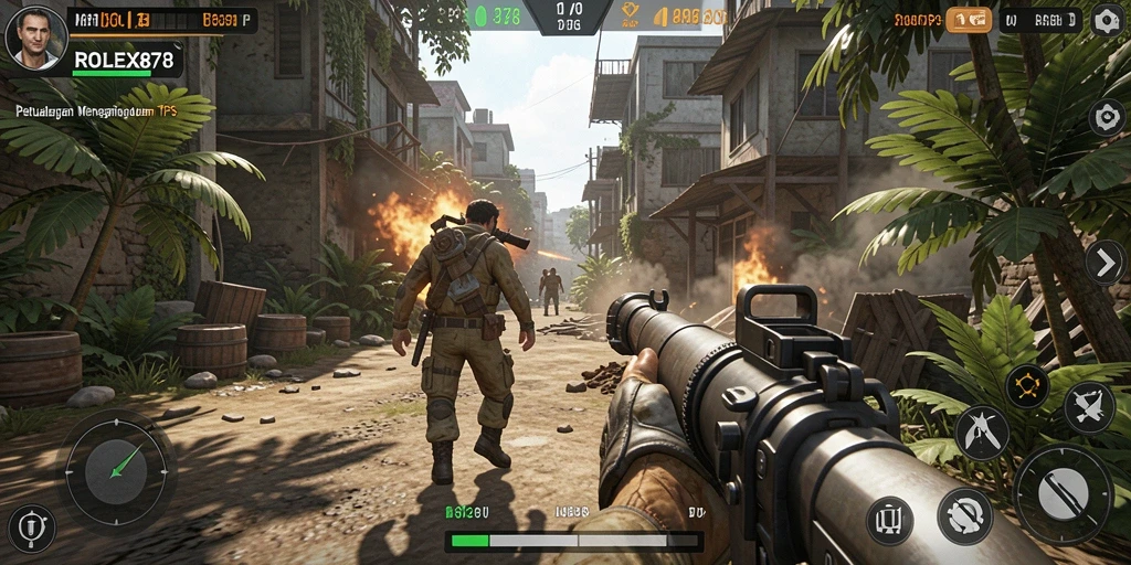 Screenshot ROLEX878 menampilkan aksi pertempuran epik dalam game TPS.