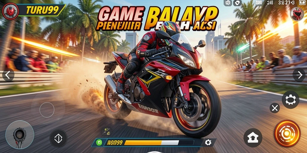 Screenshot gameplay TURU99 menampilkan balapan motor yang seru dan penuh aksi.